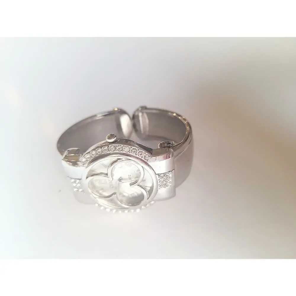 CEIQNY Silver Tone RHINESTONE clear Stone Quartz Analog Womens Watch Cuff BANGLE